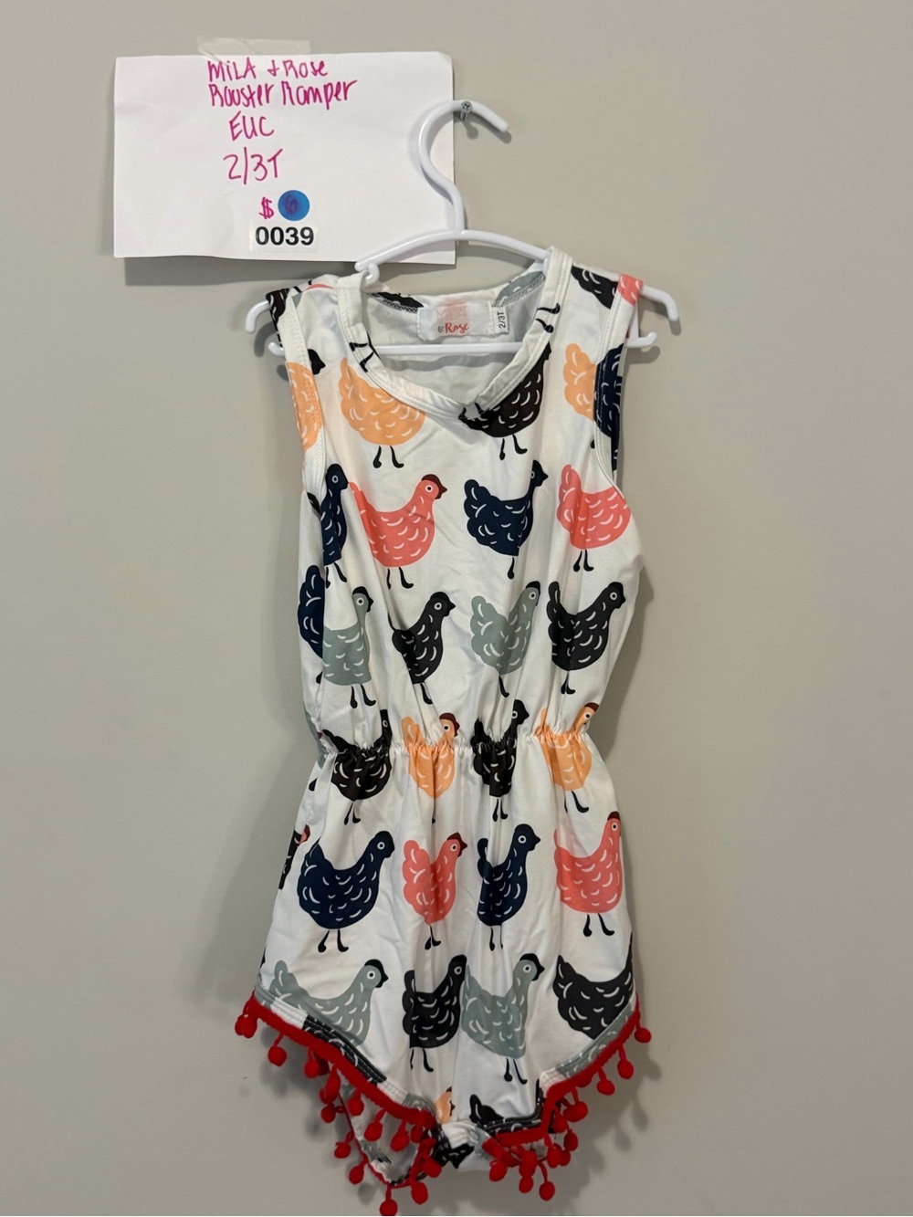 Mila & Rose White Multicolor Bird Print Romper with Red Trim